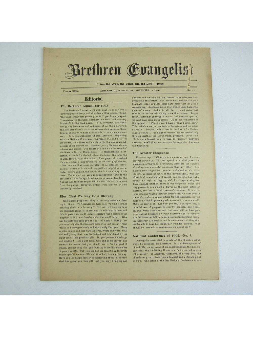 Brethren Evangelist Christian Newspaper Ashland Ohio Antique November 19th 1902